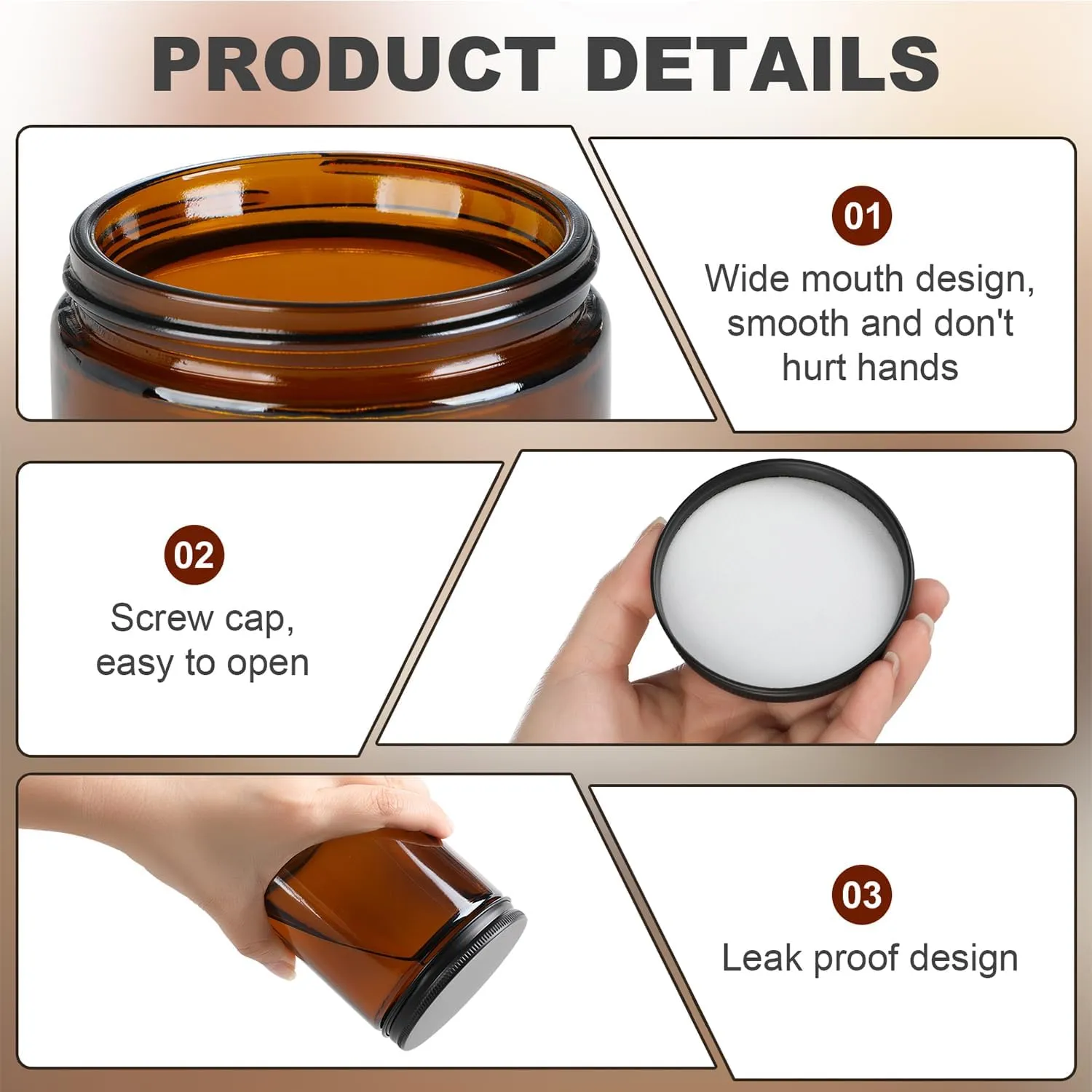 12 Pack Amber Glass Jars, 8 Oz Thick Amber Round Glass Jars, with Black Metal Lids, for Spice, Liquid, Sample, Leakproof and Dishwasher Safe