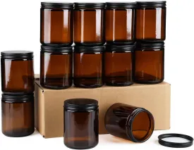 12 Pack Amber Glass Jars, 8 Oz Thick Amber Round Glass Jars, with Black Metal Lids, for Spice, Liquid, Sample, Leakproof and Dishwasher Safe