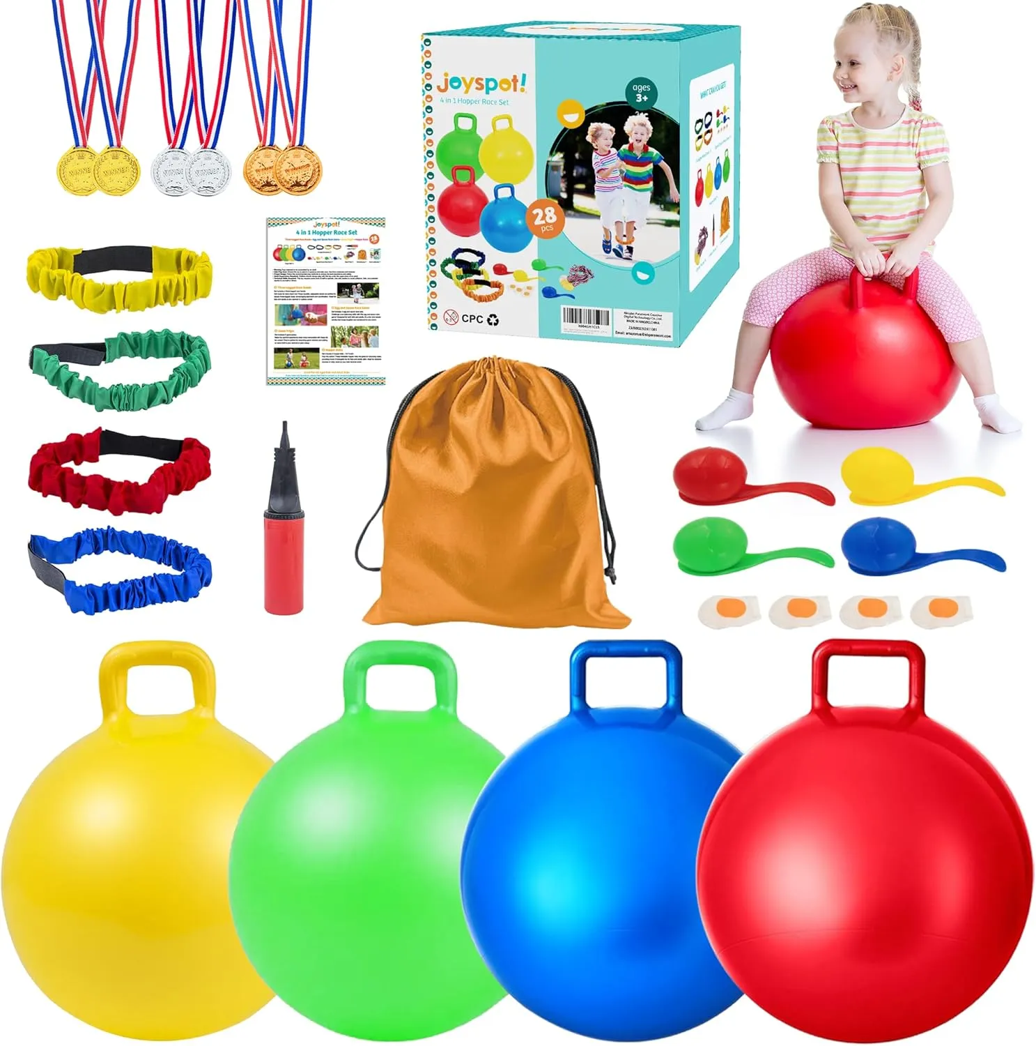 4-in-1 Carnival Outdoor Game Combo Set for Kids - 4PCS 18 Hopper Balls, 4 Legged Race Bands, 4 Egg Spoon Relay Race, Family Reunion Yard Lawn, Birthday Party,Spring/Fall Sports Activities Agility Set