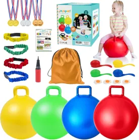 4-in-1 Carnival Outdoor Game Combo Set for Kids - 4PCS 18 Hopper Balls, 4 Legged Race Bands, 4 Egg Spoon Relay Race, Family Reunion Yard Lawn, Birthday Party,Spring/Fall Sports Activities Agility Set