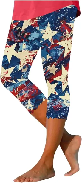 4th of July Capri Leggings for Women American Flag Patterned Patriotic Pants High Waist Workout Yoga Legging