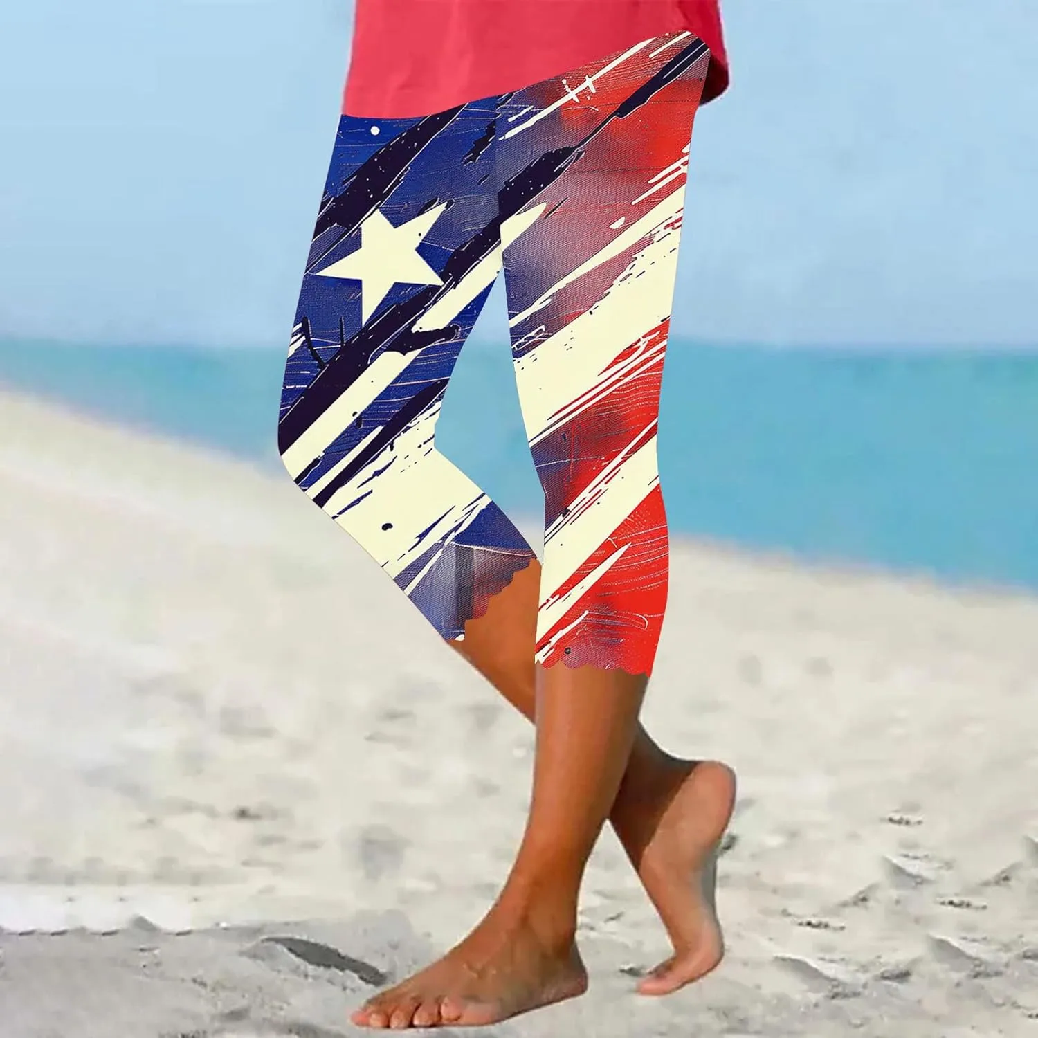 4th of July Capri Leggings for Women American Flag Patterned Patriotic Pants High Waist Workout Yoga Legging