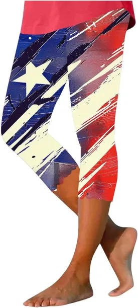 4th of July Capri Leggings for Women American Flag Patterned Patriotic Pants High Waist Workout Yoga Legging