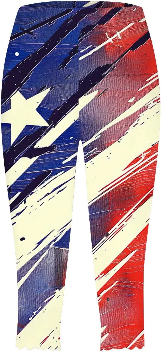 4th of July Capri Leggings for Women American Flag Patterned Patriotic Pants High Waist Workout Yoga Legging