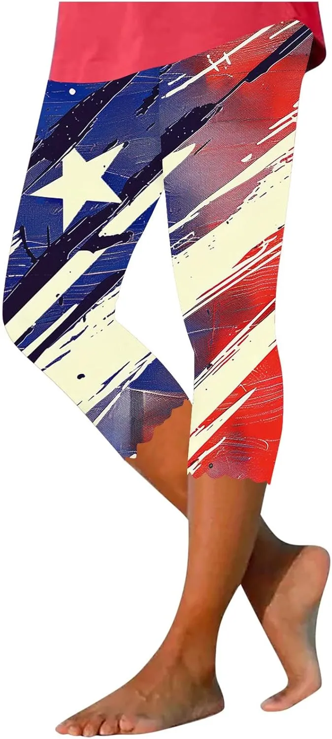 4th of July Capri Leggings for Women American Flag Patterned Patriotic Pants High Waist Workout Yoga Legging