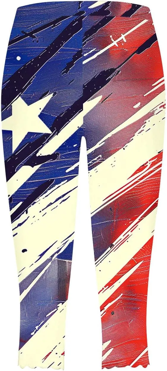 4th of July Capri Leggings for Women American Flag Patterned Patriotic Pants High Waist Workout Yoga Legging