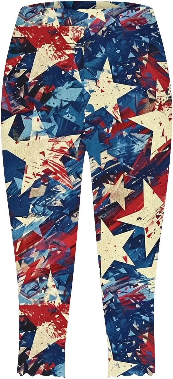 4th of July Capri Leggings for Women American Flag Patterned Patriotic Pants High Waist Workout Yoga Legging