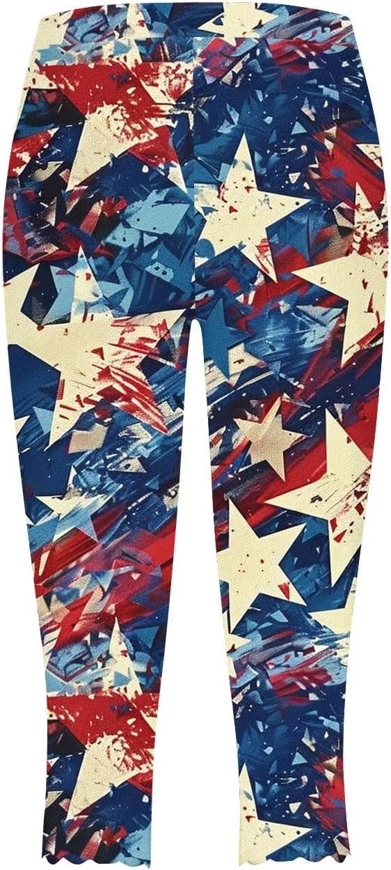4th of July Capri Leggings for Women American Flag Patterned Patriotic Pants High Waist Workout Yoga Legging