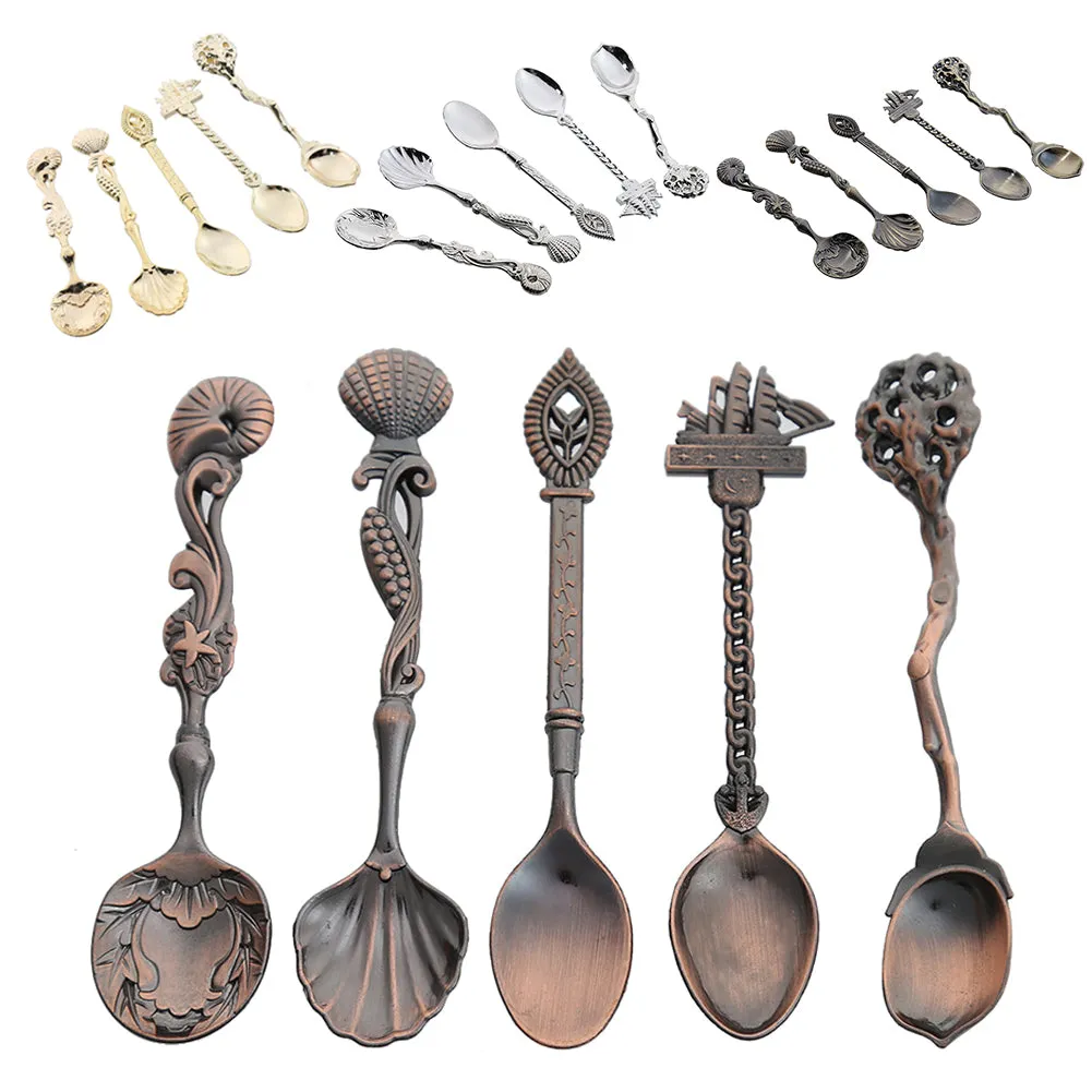 5Pcs/set Carved Mini Coffee Spoon Vintage Royal Style Cutlery