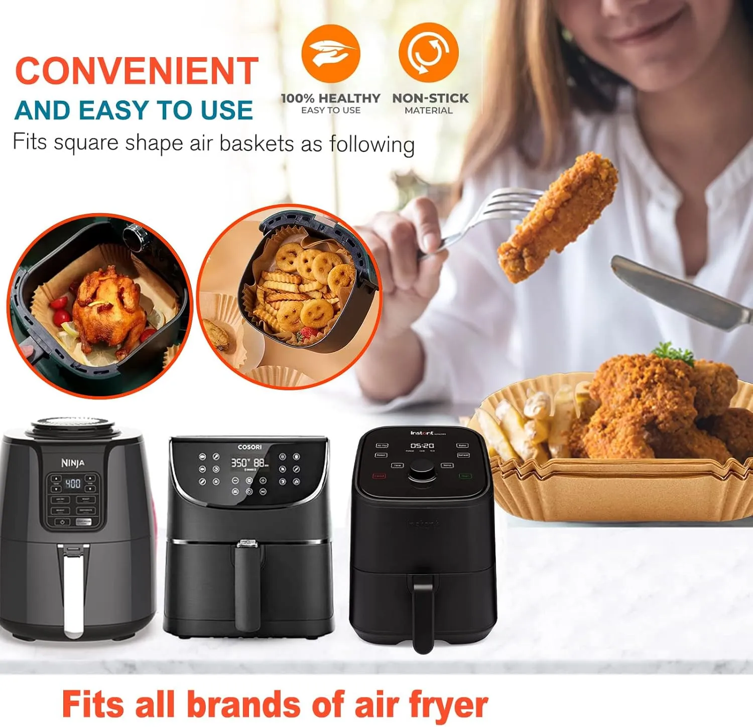 Air Fryer Liners Disposable Square 9 Inch, 125 Pcs Large Square Air Fryer Paper Liners for 6-10QT Air fryer, Non-stick Parchment Paper for Frying, Baking, Cooking, Roasting and Microwave