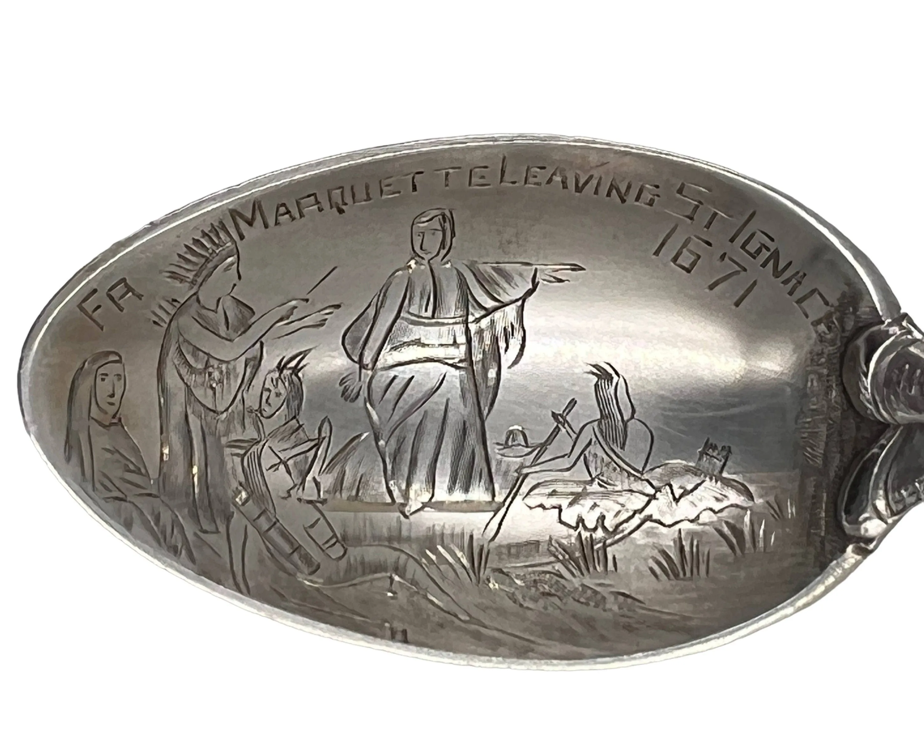 Antique Indian Souvenir Spoon Fr Marquette St Ignace MI Sterling Silver Watson Mfg