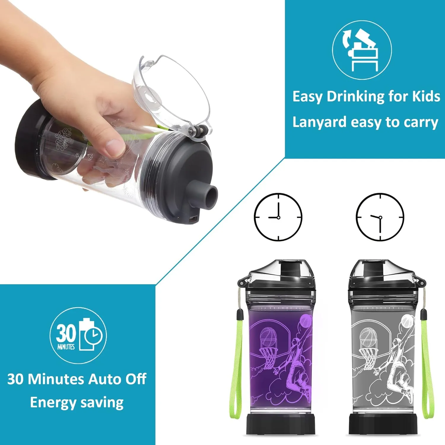 Attivolife Kids Water Bottle, Basketball Sports 3D Illusion LED Light Up with 7 Color Changing - 14 OZ BPA Free - Creative Ideal Travel Cup B-ball Gift for School Kid Boy Child Holiday Camping Picnic