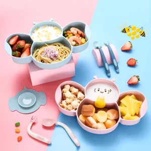 Babymoon Set of 6 | Silicone BPA Free Baby Kids Feeding Dinner Set Gift Box | Dinner Plate, Twisted Spoon & Fork, Suction Bowl Cup, Snap Straw, Chopsticks | Pink