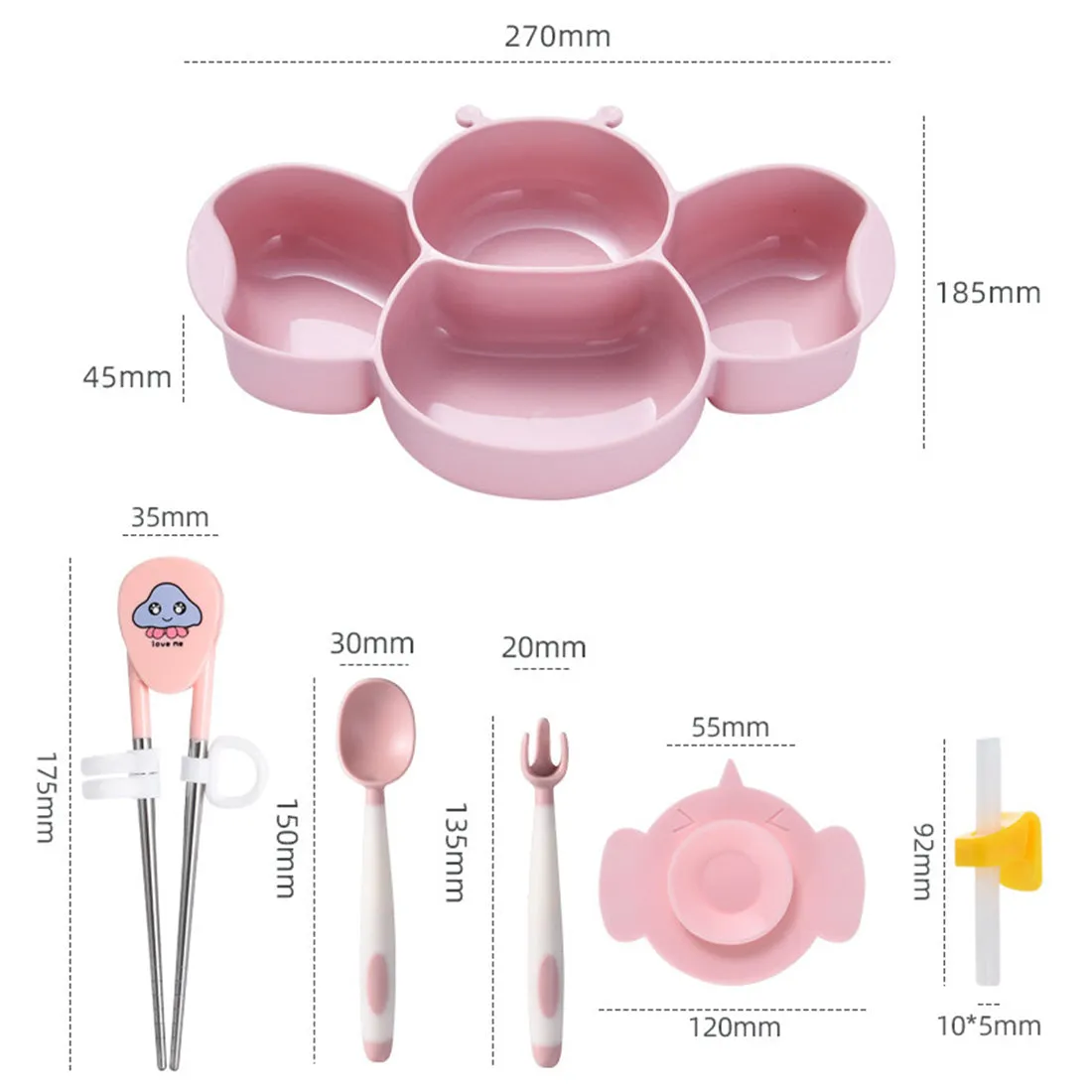 Babymoon Set of 6 | Silicone BPA Free Baby Kids Feeding Dinner Set Gift Box | Dinner Plate, Twisted Spoon & Fork, Suction Bowl Cup, Snap Straw, Chopsticks | Pink
