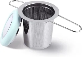 Fenshine Tea Infuser Stainless Steel Tea Strainer Folding Handle Tea Filter Extra Fine Mesh Strainer Brewing Basket with Lid for Loose Leaf Tea (Light Blue) 