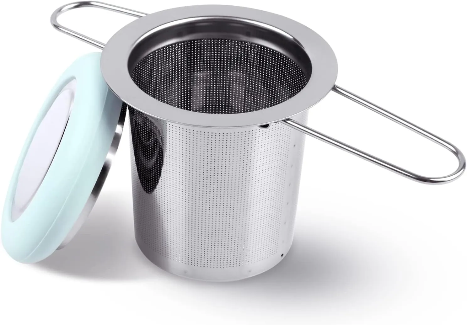 Fenshine Tea Infuser Stainless Steel Tea Strainer Folding Handle Tea Filter Extra Fine Mesh Strainer Brewing Basket with Lid for Loose Leaf Tea (Light Blue) 