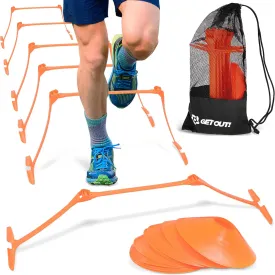 Get Out! Adjustable Hurdles and Cone Set - 6pc Agility Hurdles Training Equipment and 12pc Cones for Soccer and Football