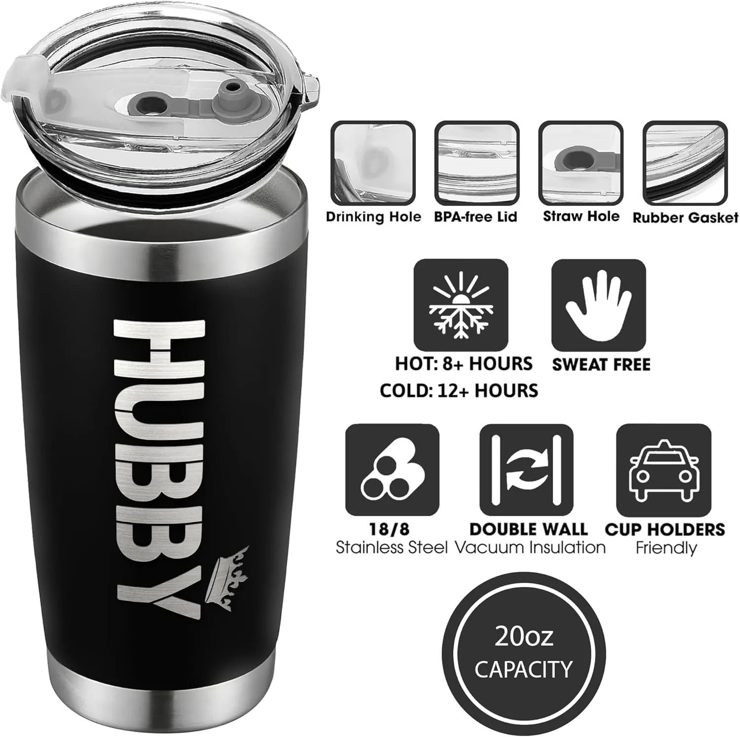 Gifts for Husband from Wife - Wedding Anniversary for Him, Valentines, Fathers Day, Birthday Gifts for Him - Present for Husband - Coffee Cup with Lid - 20 Oz Black Stainless Steel Tumbler