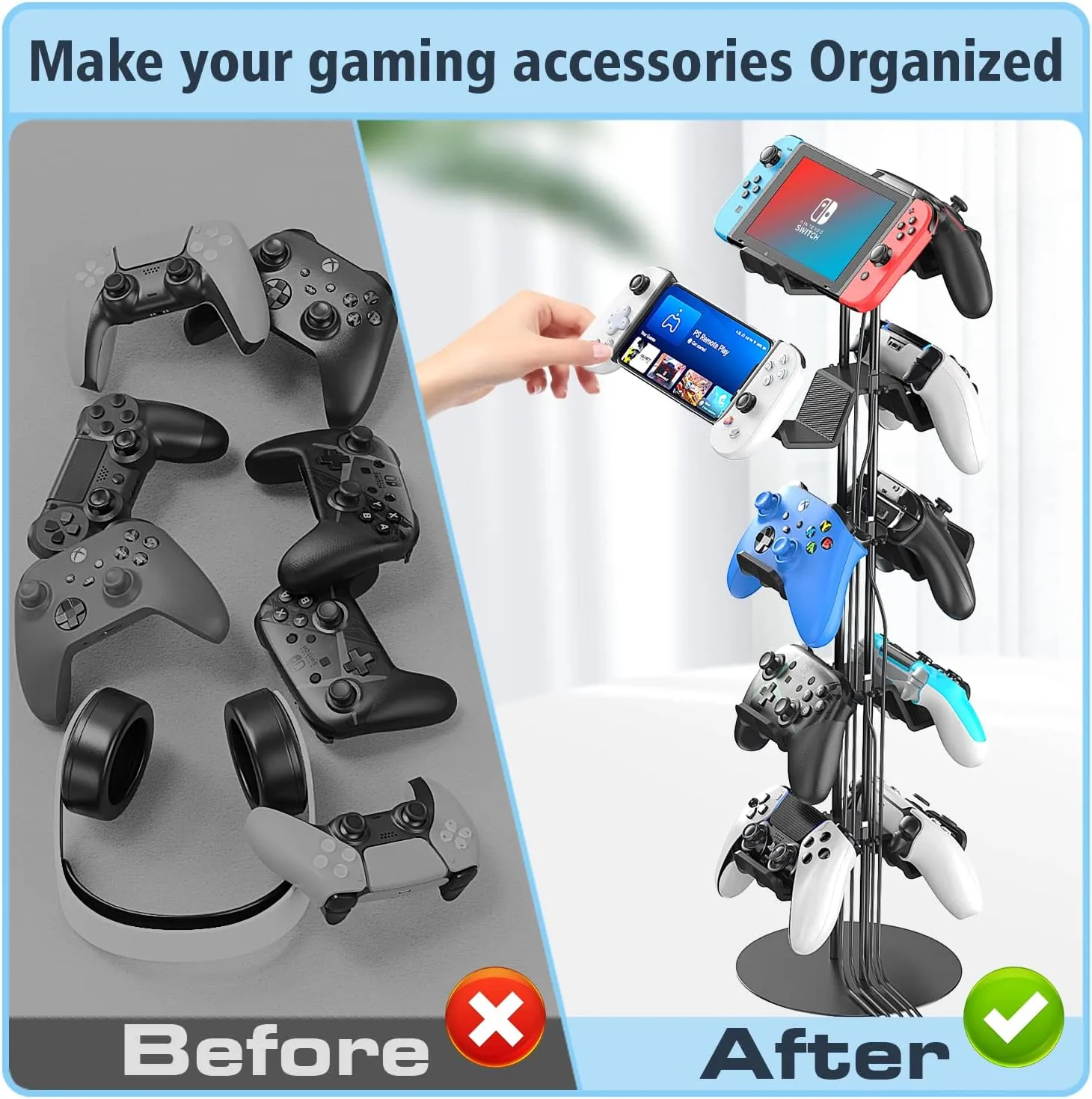 Kytok Gamer Gifts, Headset Stand 5 Tiers with Cable Organizer, Controller Stand Compatible with PS5/Xbox/Nintendo Switch/PS Portal/PS4, Headset Holder & Controller Holder for 10 Packs Controller