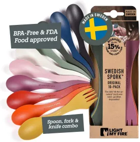 Light My Fire Spork Original 10-Pack 3-in-1 Camping Spoon Fork Knife Combo Reusable Travel & Camping Utensils Lunch Spork Outdoor Backpacking Hiking Picnic Utensil BPA Free