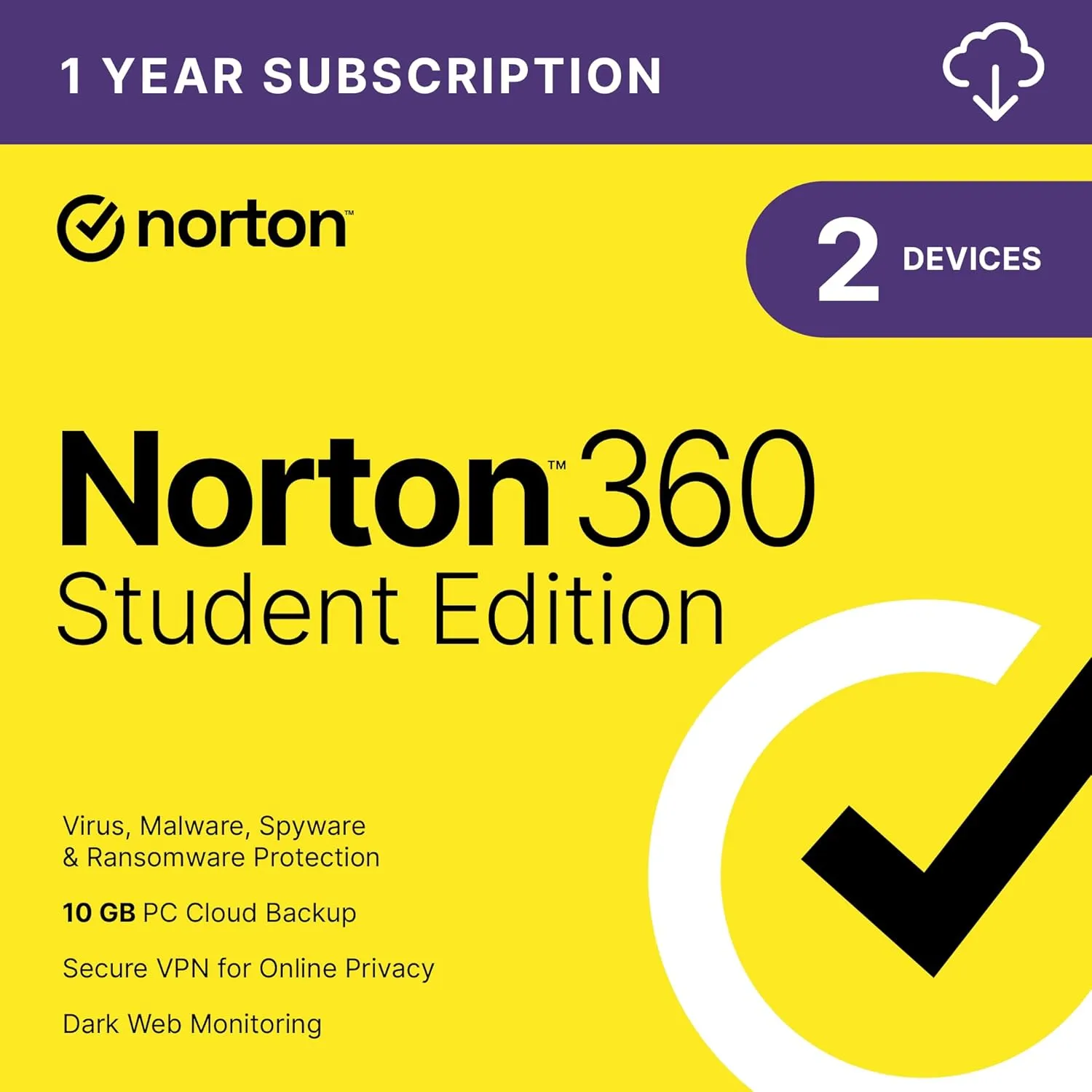 Norton 360 Student Edition, 2023 Ready, Antivirus software for 2 Devices  Includes VPN, PC Cloud Backup & Dark Web Monitoring [Download]