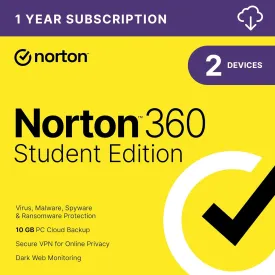 Norton 360 Student Edition, 2023 Ready, Antivirus software for 2 Devices  Includes VPN, PC Cloud Backup & Dark Web Monitoring [Download]