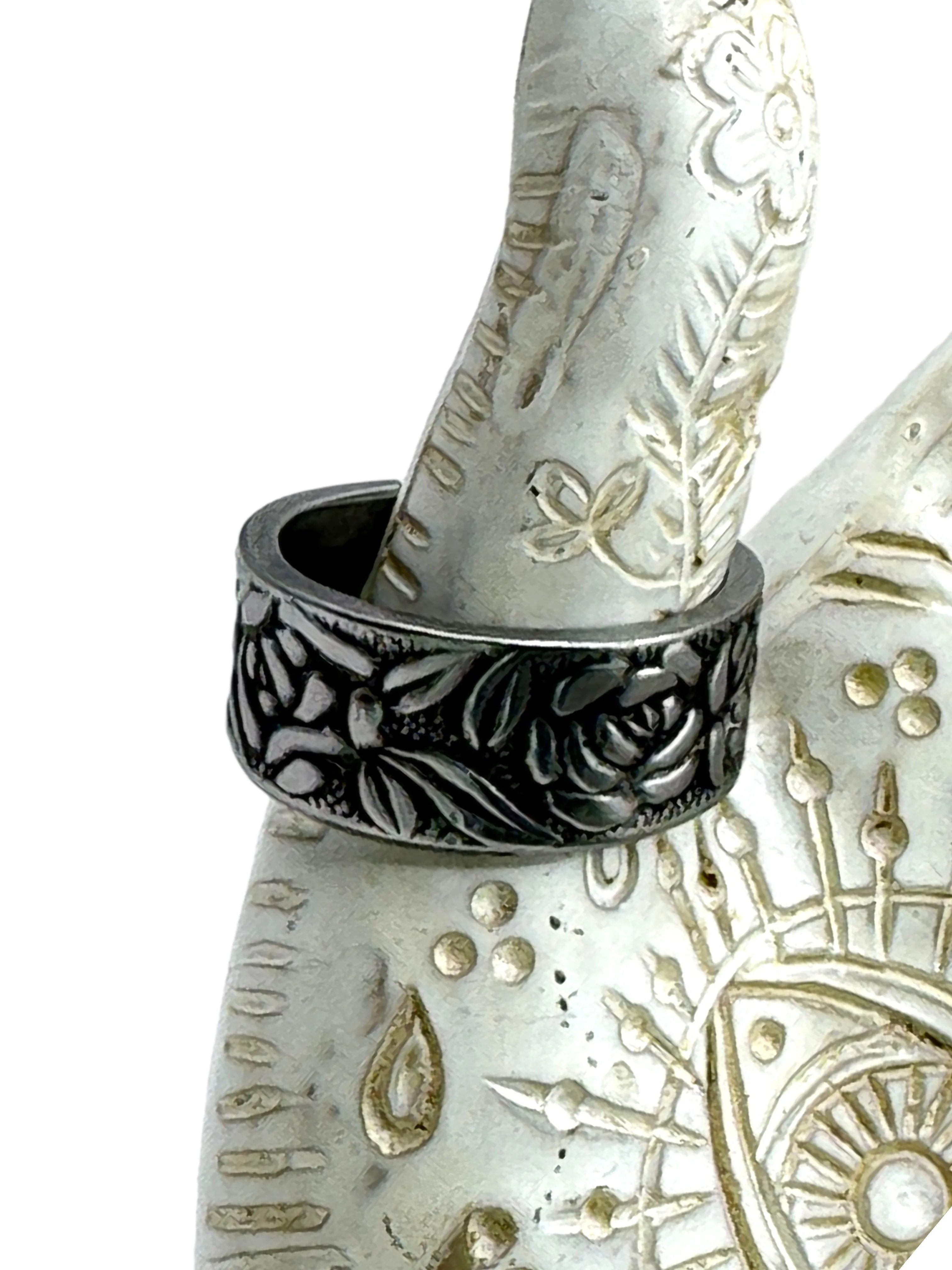 Stainless Steel Vintage Spoon Ring with Rose Pattern Size 7