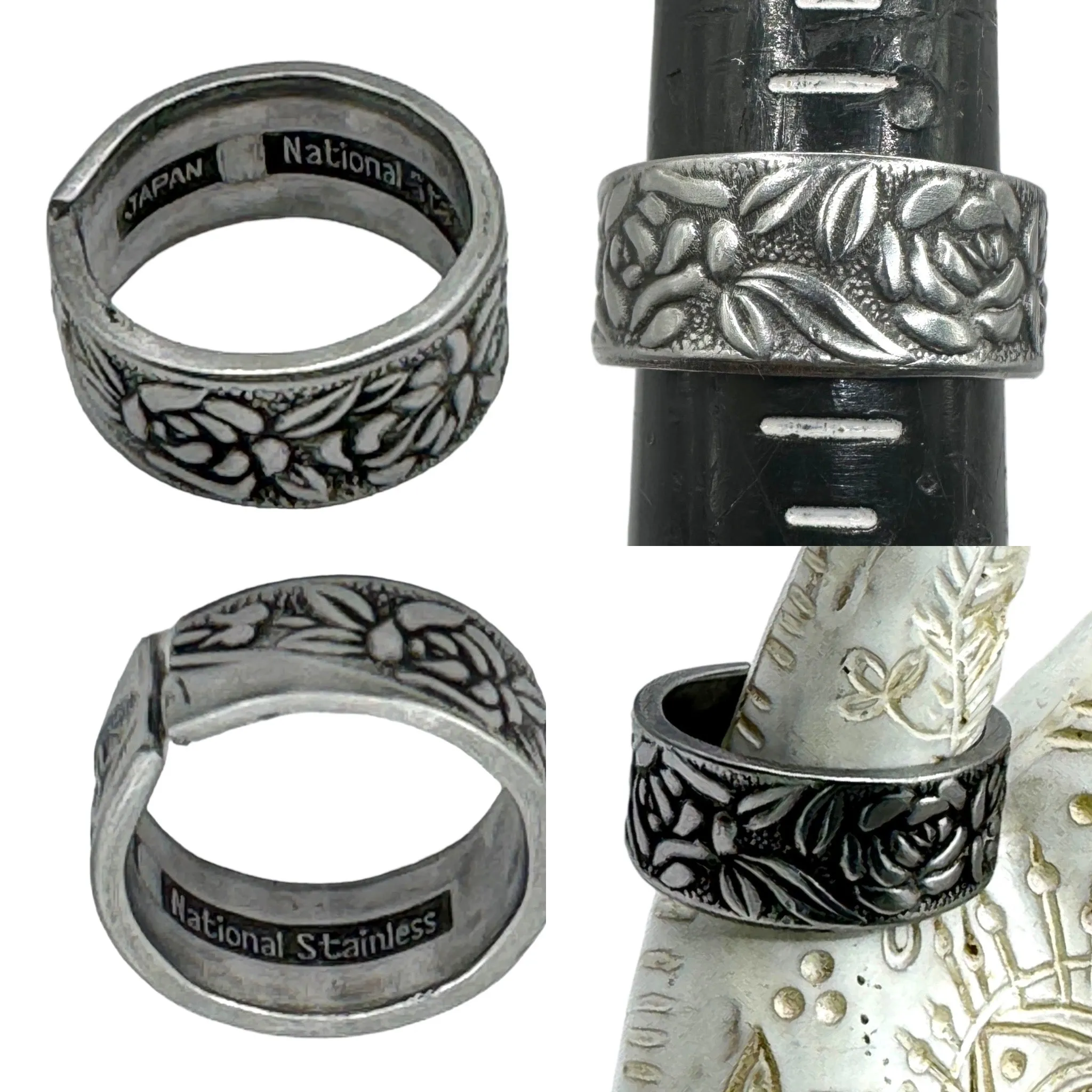 Stainless Steel Vintage Spoon Ring with Rose Pattern Size 7