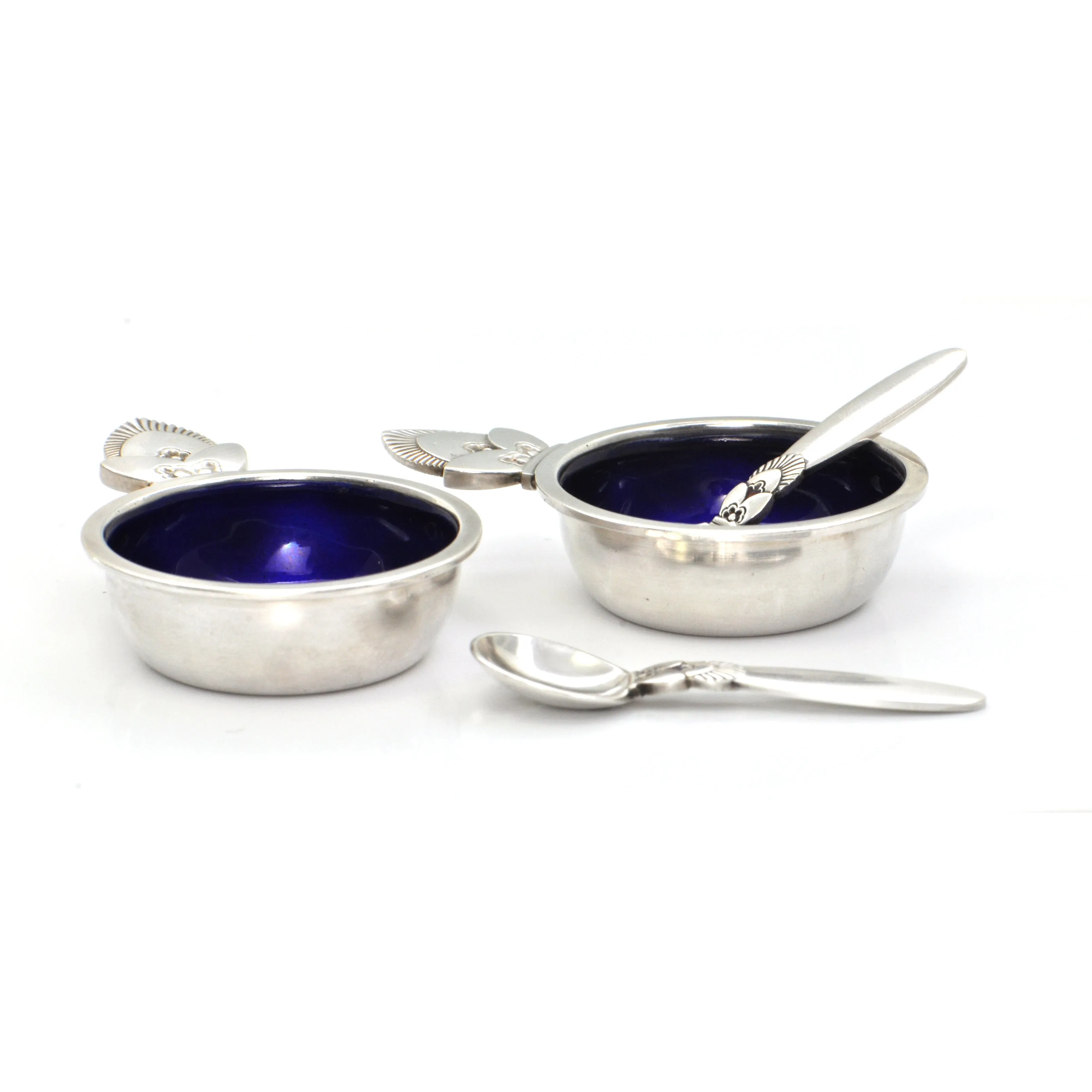 Sterling Silver Salt Cellar and Spoon Set:  Georg Jensen Cactus Pattern C.1945-1951