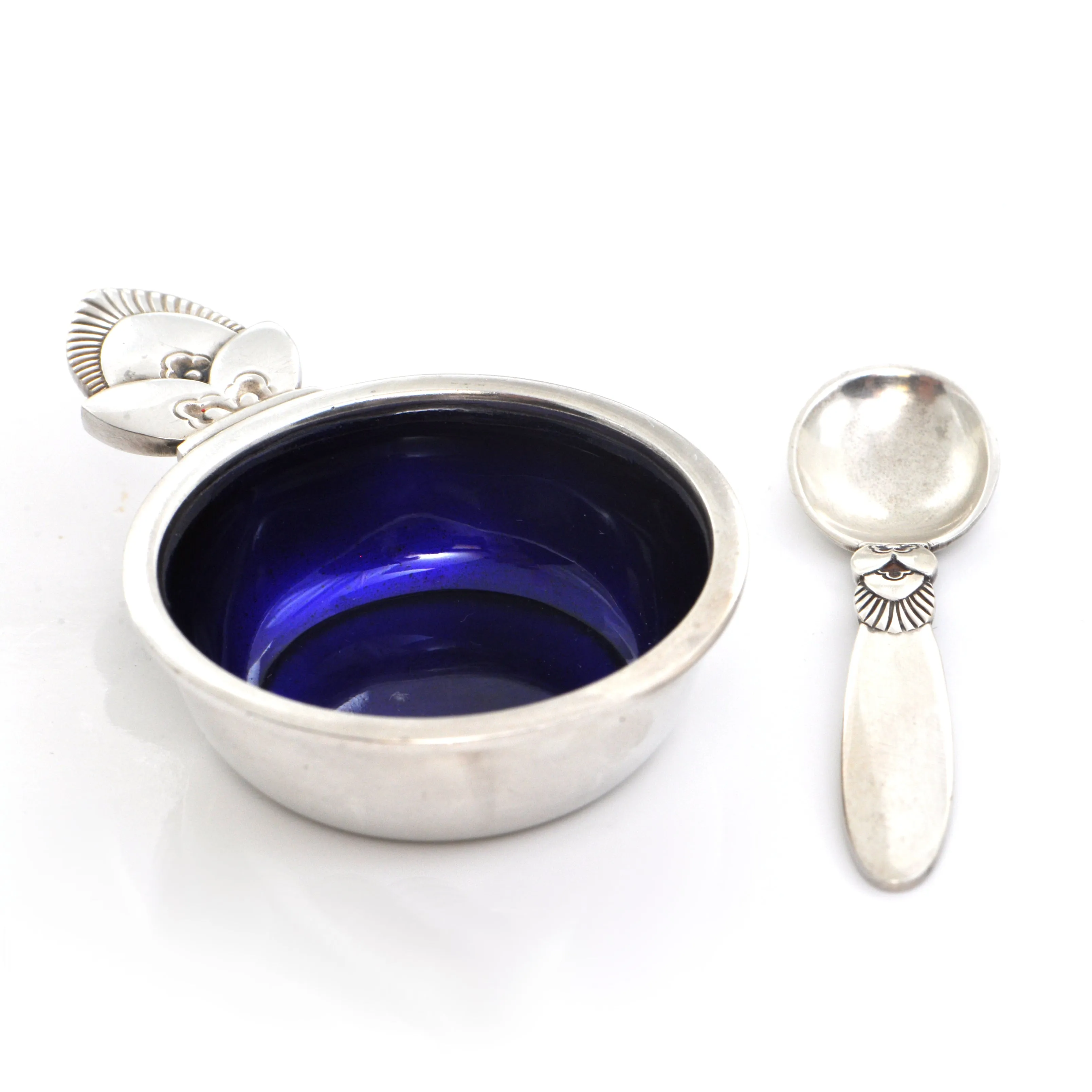 Sterling Silver Salt Cellar and Spoon Set:  Georg Jensen Cactus Pattern C.1945-1951
