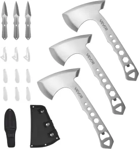 VEVOR Throwing Axes and Tomahawks, 3 Pack Hatchet Axes and 3 Pack Knives Throwing Products Set, Handle with Wrench and Bottle Opener, Stainless Steel, Black Nylon Sheath, for Recreation Competition