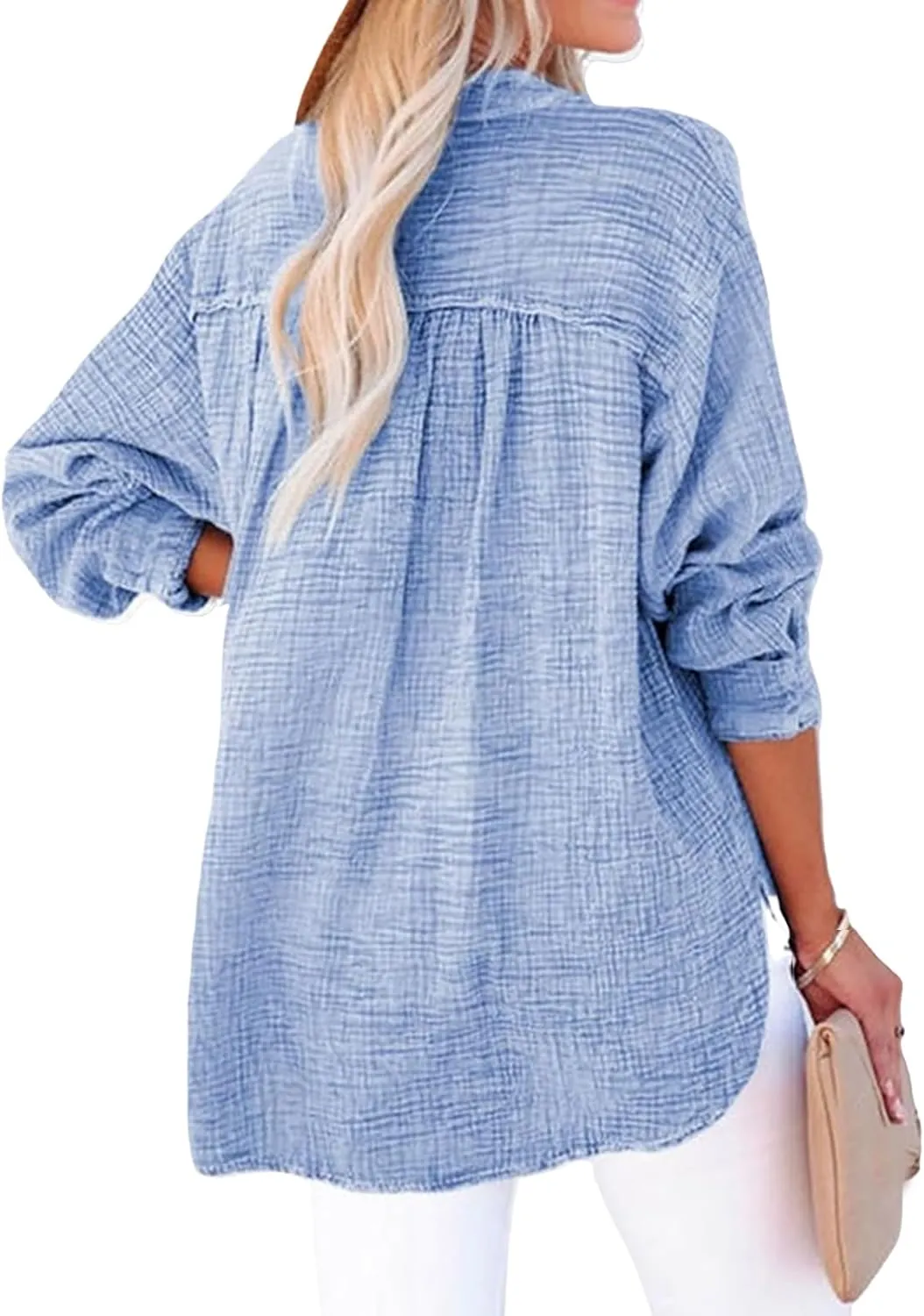 Womens Summer Tops Long Sleeve Henley Shirts Casual Button Down Shirts Oversized Solid Color Blouses Pleated Tops
