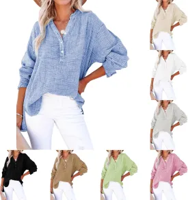 Womens Summer Tops Long Sleeve Henley Shirts Casual Button Down Shirts Oversized Solid Color Blouses Pleated Tops
