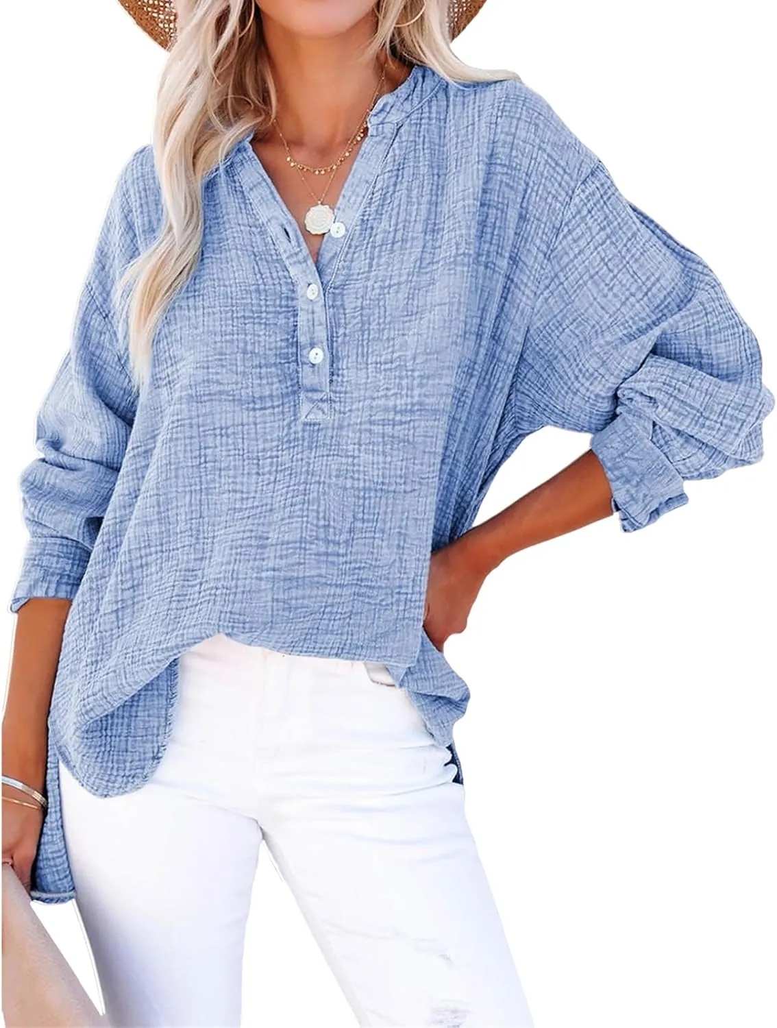 Womens Summer Tops Long Sleeve Henley Shirts Casual Button Down Shirts Oversized Solid Color Blouses Pleated Tops