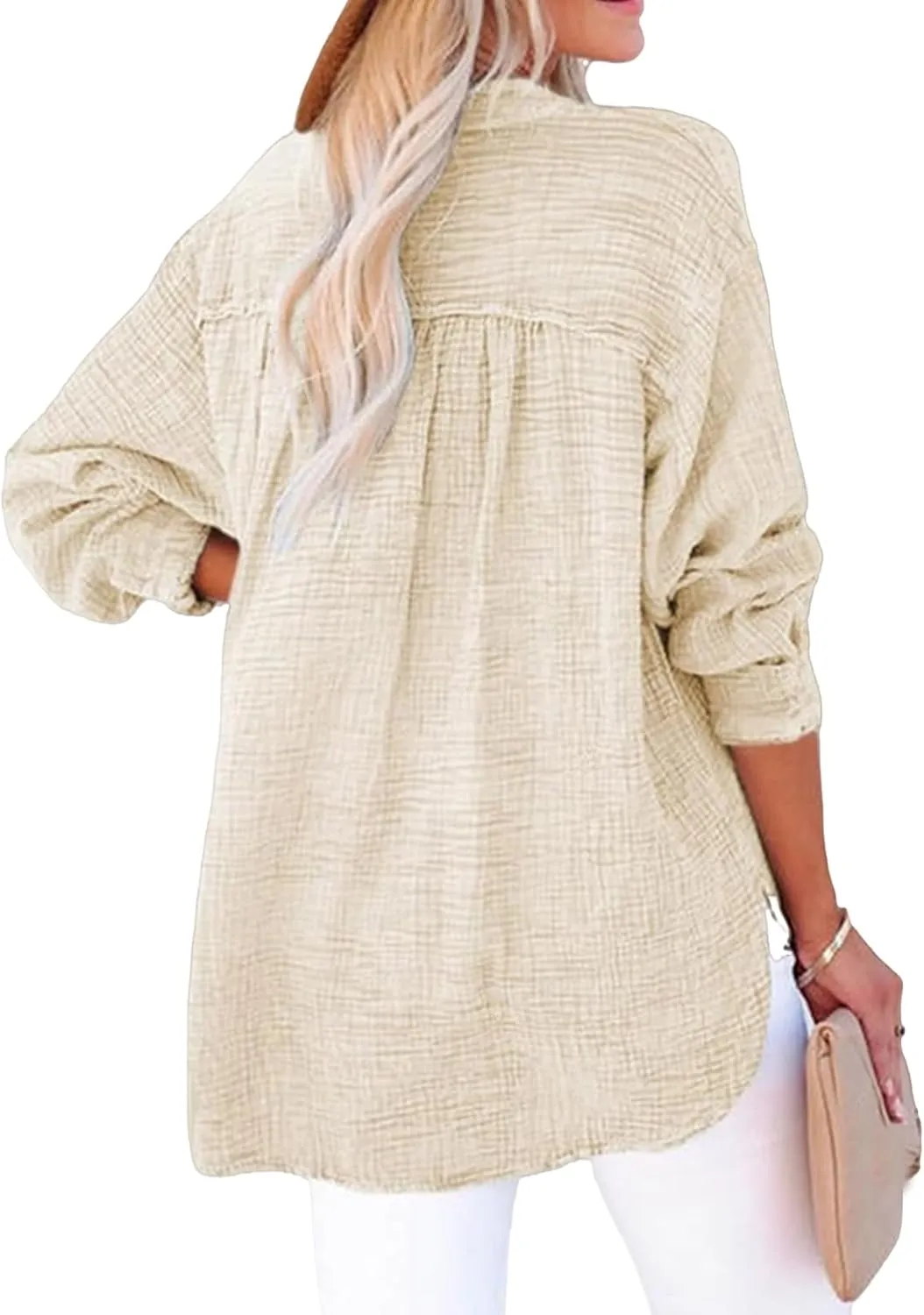 Womens Summer Tops Long Sleeve Henley Shirts Casual Button Down Shirts Oversized Solid Color Blouses Pleated Tops