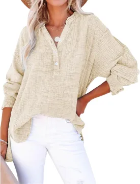 Womens Summer Tops Long Sleeve Henley Shirts Casual Button Down Shirts Oversized Solid Color Blouses Pleated Tops