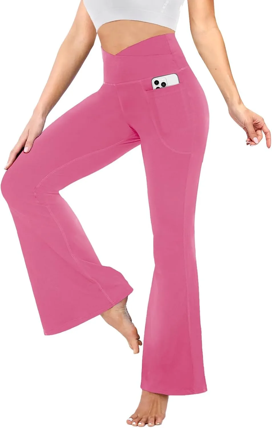 YOLIX Flare Leggings for Women with Pockets - Crossover High Waisted Black Flared Leggings for Yoga Gym Workout