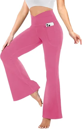 YOLIX Flare Leggings for Women with Pockets - Crossover High Waisted Black Flared Leggings for Yoga Gym Workout