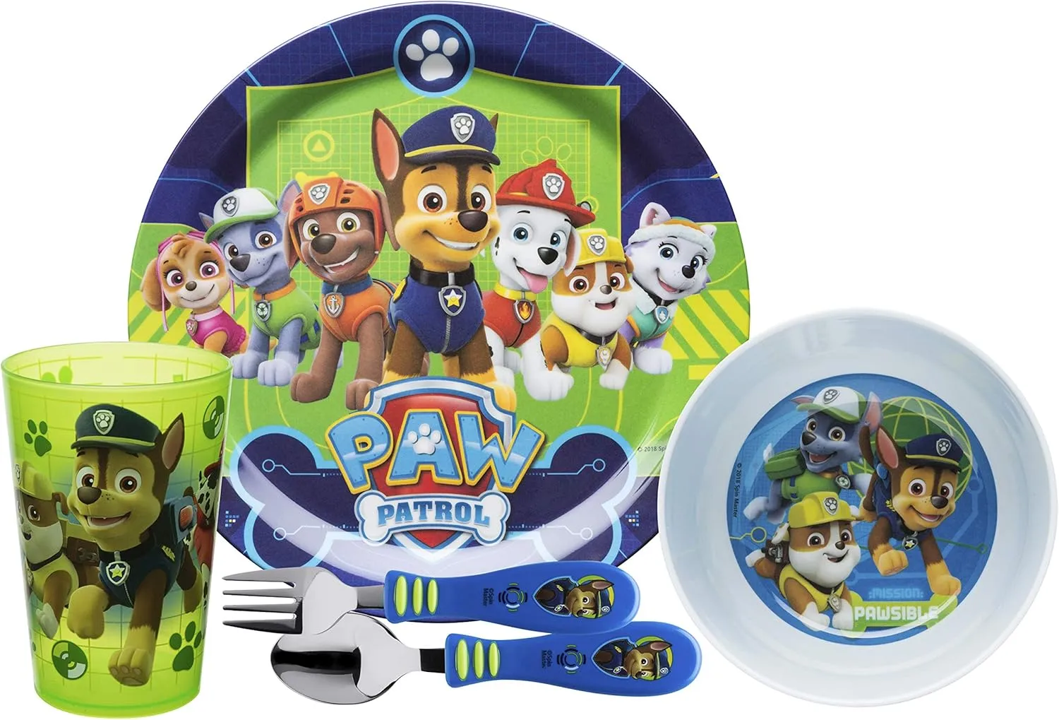Zak Designs 5-Piece Dinnerware Set, Paw Patrol - Durable Plastic & Stainless Steel - Includes Tumbler, 8-Inch Plate, 6-Inch Bowl, Fork & Spoon - Suitable for Kids Ages 3 